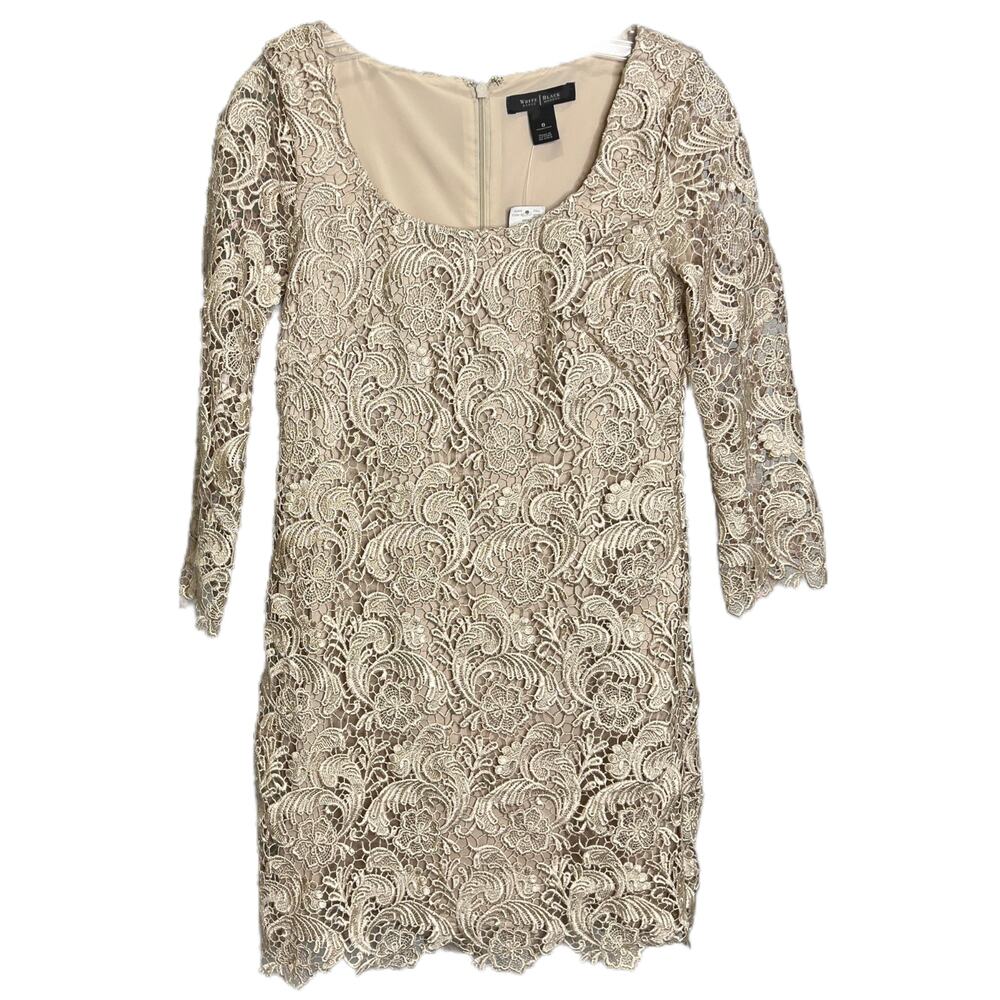 White House Black Market 3/4 Sleeve Gold Lace Shift Dress Sz 0 Nude Floral NWT
